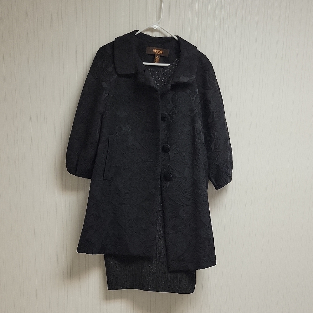 Victor Alfaro Black Sheath Dress, Matching 3/4 Sleeve Swing Coat Women's 4